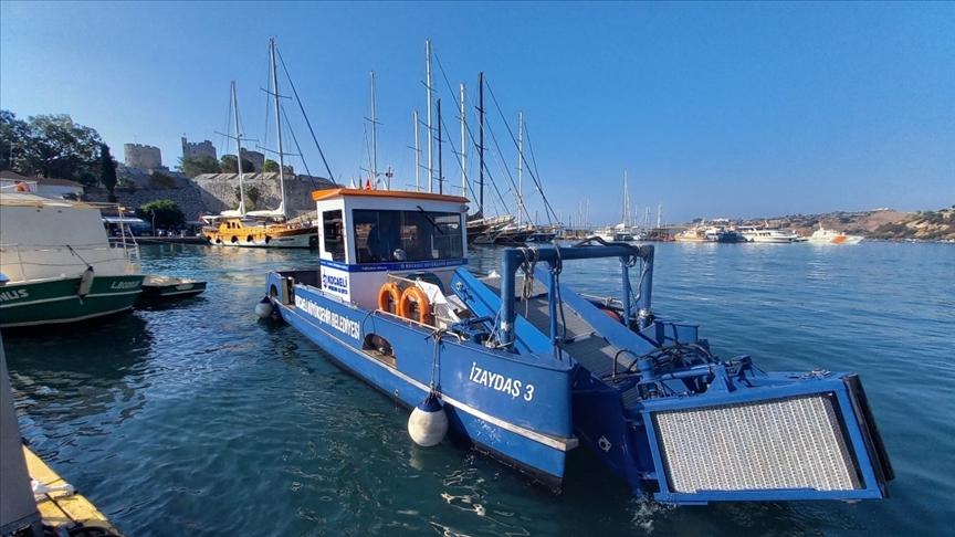 Orman yangnlarndan etkilenen Bodrum sahilleri deniz sprgesiyle temizleniyor